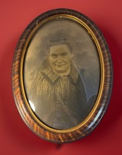 Antique Oval Tiger Stripe Wood Frame Convex Glass & Portrait Haunted House Decor picture
