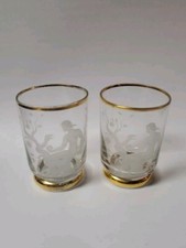 Antique Eve Apple And Serpent Shot Glasses Gold Painted Rare Vintage Etched  picture
