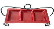 3 Compartment Red Stoneware Serving Dish With Metal Stand picture