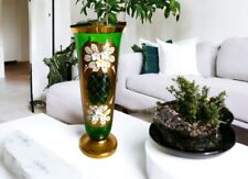 Czech Bohemian Egermann Green Vase Hand Painted 24K Gold w Enamel Flowers Vtg picture
