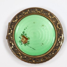 Vtg Guilloche Enamel Compact with Mirror Green Roses Floral 1930s Evans Mayfair picture