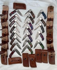 LOT of 20pcs Damascus Steel Folding knife, Pocket Knives With Leather Sheath US picture