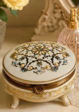 Vtg Arnart Flower Footed Trinket Keepsake Box Porcelain Floral w/ Silver Accents picture