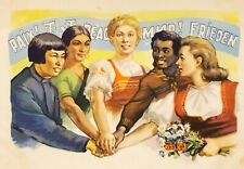 1955 Five Beautiful Nationality Girls Holding hands Propaganda Greeting Postcard picture