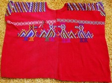 SUPERB Vtg Guatemalan HUIPIL NEBAJ HAND WOVEN BLOUSE Hand Embroidered RED/BIRDS picture