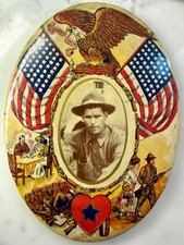 WWI Soldier Photo 48 Star Flags Patriotic Celluloid Oval Wall Plaque 8in picture