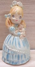 VTG CHALKWARE GIRL HOLDING CAT FIGURINE PLASTER STATUE PAINTED BLUE 1970'S  picture