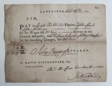 1777 Revolutionary War PA Assembly Pay Order Bayard Signed Rittenhouse LANCASTER picture