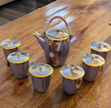 Vintage Daikichi Kiln Tea Set Japanese Lusterware Lavender Teapot 6 Lidded Cups picture