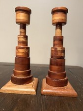 Two 10” Hand Carved Wooden Candlestick Holders picture