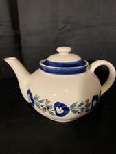 Vintage Designpac Ivory & Blue Stoneware Teapot W/Lid Handpainted Floral Pattern picture