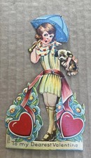 Vintage Valentine Card Germany Mechanical Hearts Love Woman Puppy picture