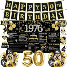 50th Birthday Decorations for Men Women Black Gold, 37PCS Pre-Strung Happy Bi... picture