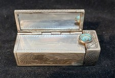 BEAUTIFUL ITALIAN 800 SILVER HAND ENGRAVED LIPSTICK HOLDER W/MIRROR & STONE  picture