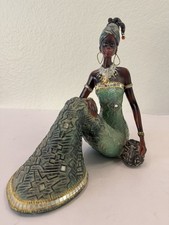 African Tribal Woman Figurine Statue Sitting Draped Dress Mirror Accents 8