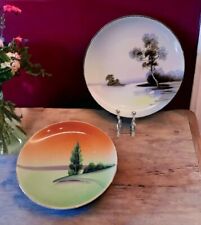 Vtg MEITO Hand Painted Plates, set 2 Lake Tree Crane Orange Blue Landscape 6