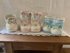 Vintage Ceramic Baby Bootie Planter Lot of 3 Pastel Pink Blue Mid Century Japan picture