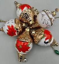 5 VTG Porcelain Holiday Spire Christmas Ornaments Hand Made OOO Poinsettias picture