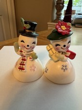 Vintage Lefton Ceramic Christmas Snowmen Bells, Pair picture