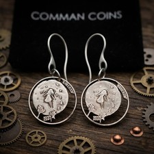 1937 Hobo Nickel Cut Coin Earrings Little Girl Floating to the Moon Fairy Tale picture