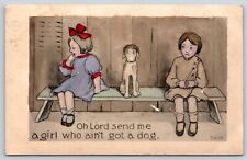 Girls And Dog On Bench, Oh Lord Send Me A Girl Who Aint Got a Dog, 1913 Postcard picture