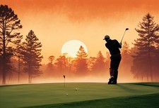 Golfer Teeing Off at Sunrise - Retro Country Club Wall Art picture