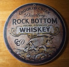 Whiskey Barrel Lid Sign – Crooked Creek Distillery Fishing Cabin Lodge Bar Decor picture