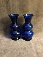 1930S Cobalt Blue Maryland Glass Company Double Ball Design Bud Vase Pair  picture