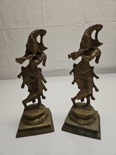 Pair of vintage Tibet Tibetan Bronze Buddha Statue Krishna Playing 9in Hght. picture