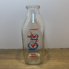 Vintage Thompson’s Quality Chekd 1 Quart Glass Milk Bottle Red Blue ACL picture