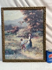 Vtg 1930-40’s? Barbola Flower Frame Kids Boy Girl Picking Bouquet Litho Print picture