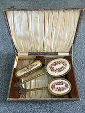 Vintage three-piece vanity set Embroided Floral Design And Intricate Handles picture
