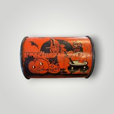 VTG METAL  BARREL HALLOWEEN NOISEMAKER W/O WOODEN HANDLE-WITCHES, PUMPKIN picture
