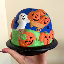90s Vintage Halloween Ceramic Luminary Pumpkin Ghost Painted picture