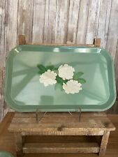 Vtg. Metal Serving Tray floral White Rose On Green Lap TV Tray Tin 14” picture