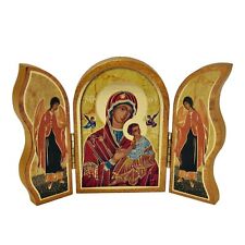Our Lady of Passion Standing Greek Style Foiled Wooden Icon Triptych 5 Inch picture