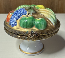 Vintage ROCHARD Limoges France Fruit Basket Pedestal Trinket Box GREEN ON METAL picture