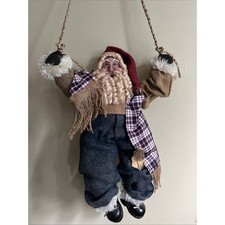 Vintage Handmade Folk Art Burlap Fabric Santa Christmas Hanger Cottage Core picture