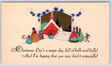 1920-30's ONE SIDED CHRISTMAS CARD LADIES FANCY DRESSES GATHER AT CHURCH picture