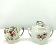 Vintage 1900s White Pink Porcelain Gilded Floral Scalloped Creamer Sugar Set picture