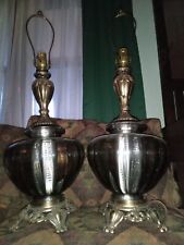2 Vintage MCM Optic Smoke Gray Table Lamps Night Lights Pair Diffusers Retro picture