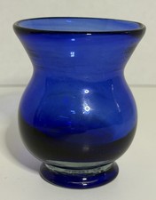Cobalt Blue Hand Blown Art Glass Mini Vase Footed Flared Rim 4.25” picture