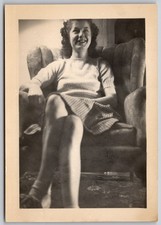 Vintage 1940s Black & White Photo Smiling Woman in Armchair Portrait picture