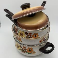 Vtg 70s Harvest Blossom Enamel Cookware 4 Pot Pans With 3 Lids Crowning Touch picture