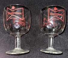 Vintage Set Budweiser Bow Tie Logo Thumbprint Stemmed Heavy Glass Beer Goblet picture