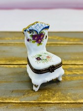 Limoges France ~ Miniature Porcelain Floral Boudoir Slipper Chair Trinket Box picture