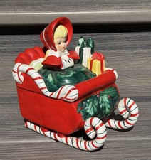 Vintage 1950's Lefton SHOPPING GIRL IN CANDY CANE SLEIGH Covered Dish *READ* picture