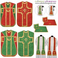 Red and Green Reversible Travel Fiddleback Vestment IHS with 5pc mass set picture