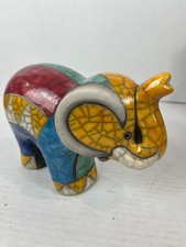 Vtg Raku Elephant South African Hand Made Pottery Multicolor Colorful  Signed picture