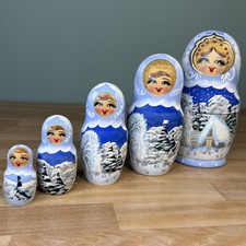 VTG Russian Nesting Babushka Dolls Winter Village Blue Matryoshka 5pcs Wood 7”H picture